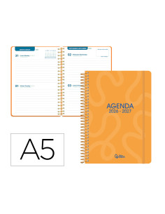Agenda escolar liderpapel 26-27 espiral classic 2 dias pagina a5 bilingue 70g papel fsc naranja
