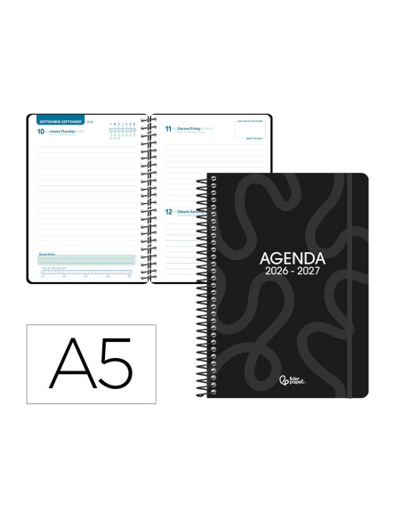 Agenda escolar liderpapel 26-27 espiral classic dia pagina a5 bilingue 70g papel fsc negro