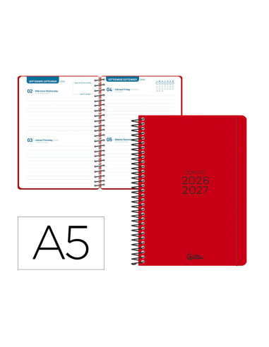 Agenda escolar liderpapel 26-27 espiral basic 2 dias pagina a5 bilingue 70g papel fsc rojo