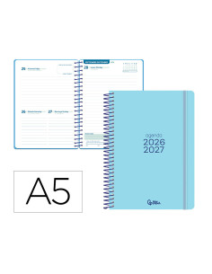 Agenda escolar liderpapel 26-27 espiral basic dia pagina a5 bilingue 70g papel fsc azul turquesa