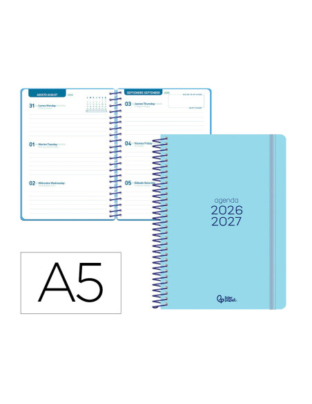 Agenda escolar liderpapel 26-27 espiral basic semana vista a5 bilingue 70g papel fsc azul turquesa