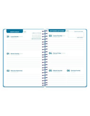 Agenda escolar liderpapel 26-27 espiral basic semana vista a5 bilingue 70g papel fsc azul turquesa