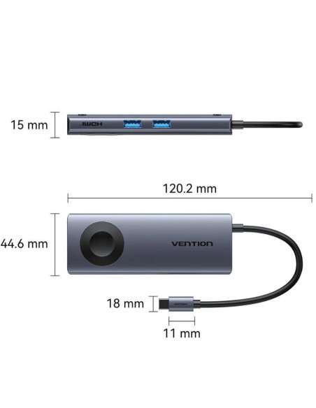 Docking USB Tipo-C con Carga Inalámbrica Vention TPMHB/ 1xHDMI 4K/ 2xUSB/ 1xUSB Tipo-C/ 1xUSB Tipo-C PD/ Gris