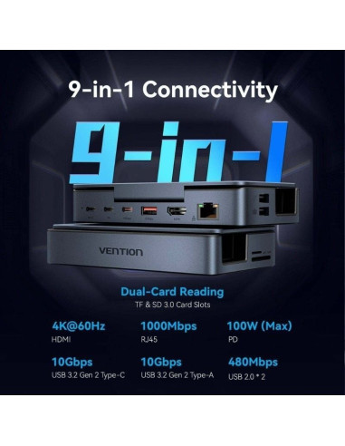 Docking USB Tipo-C para Steam Deck / Switch Vention TPZH0/ 2xHDMI 4K/ 3xUSB/ 1xUSB Tipo-C/ 1xUSB Tipo-C PD/ 1xRJ45/ 1xLector Tar