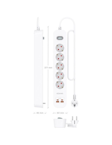 Regleta con Interruptor Aisens ASPS-2A2C14-W/ 5 Tomas de Corriente/ 2 USB - 2 USB Tipo-C/ Cable 1.4m/ Blanco