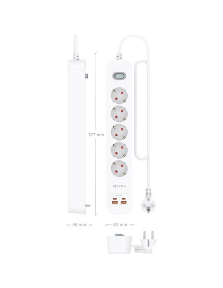 Regleta con Interruptor Aisens ASPS-2A2C14-W/ 5 Tomas de Corriente/ 2 USB - 2 USB Tipo-C/ Cable 1.4m/ Blanco