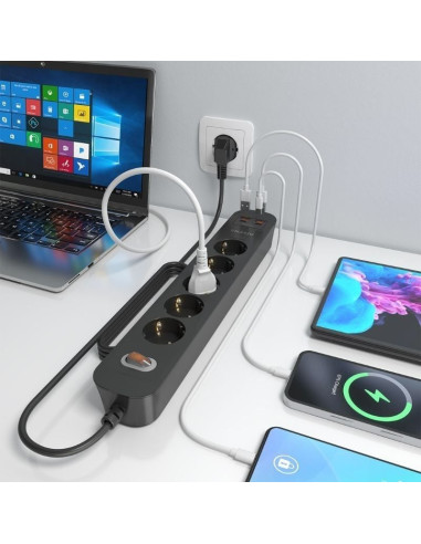Regleta con Interruptor Aisens A154-0536/ 5 Tomas de Corriente/ 2 USB - 2 USB Tipo-C/ Cable 1.4m/ Negro