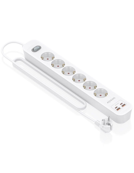 Regleta con Interruptor Aisens ASPS-2A2C16-W/ 6 Tomas de Corriente/ 2 USB - 2 USB Tipo-C/ Cable 1.4m/ Blanco