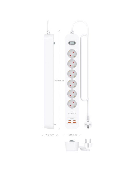 Regleta con Interruptor Aisens ASPS-2A2C16-W/ 6 Tomas de Corriente/ 2 USB - 2 USB Tipo-C/ Cable 1.4m/ Blanco