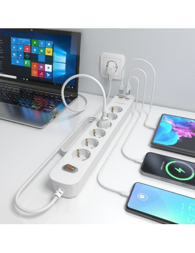 Regleta con Interruptor Aisens ASPS-2A2C16-W/ 6 Tomas de Corriente/ 2 USB - 2 USB Tipo-C/ Cable 1.4m/ Blanco