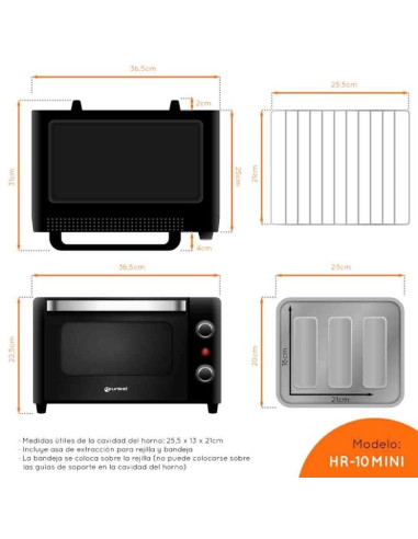 Horno de Sobremesa Grunkel HR-10MINI/ 1600W/ Capacidad 10L/ Negro