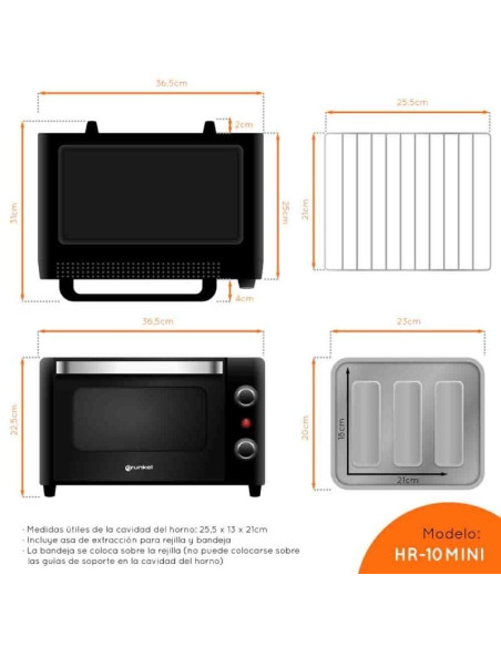 Horno de Sobremesa Grunkel HR-10MINI/ 1600W/ Capacidad 10L/ Negro