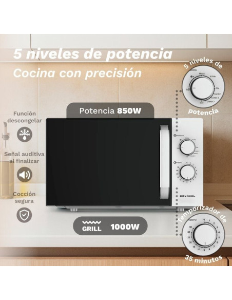 Microondas Grunkel MWG-25GRILL/ 850W/ Capacidad 25L/ Funcion Grill/ Blanco