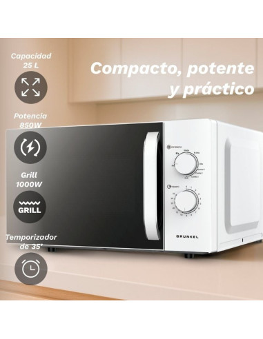 Microondas Grunkel MWG-25GRILL/ 850W/ Capacidad 25L/ Funcion Grill/ Blanco