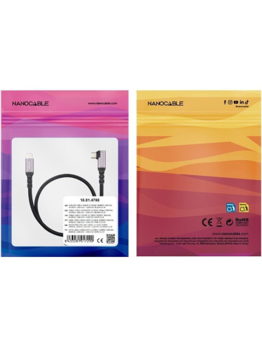 Cable USB 3.2 Tipo-C Acodado Nanocable 10.01.4700/ USB Tipo-C Macho - USB Tipo-C Macho/ Hasta 100W/ 10Gbps/ 50cm/ Negro