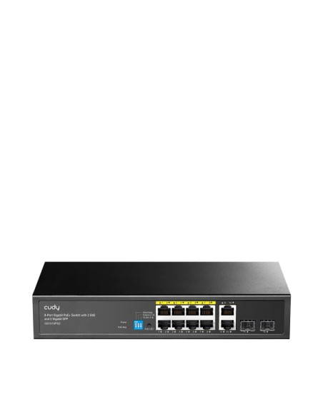 Cudy Switch 12 Puertos - Capacidad Conmutacion 24Gbps - 8x RJ45 PoE+ - 2x RJ45 GbE - 2x Gigabit SFP - Reinicio Automatico - Indi