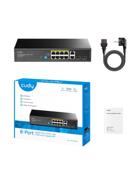 Cudy Switch 12 Puertos - Capacidad Conmutacion 24Gbps - 8x RJ45 PoE+ - 2x RJ45 GbE - 2x Gigabit SFP - Reinicio Automatico - Indi