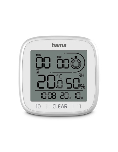 Hama Chipre Reloj Digital con Ventosa - Termometro - Higrometro - IPX4 - Funcion Cuenta Atras - Fecha - 11x11x4.5cm - Color Blan