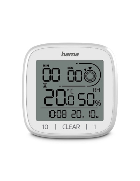 Hama Chipre Reloj Digital con Ventosa - Termometro - Higrometro - IPX4 - Funcion Cuenta Atras - Fecha - 11x11x4.5cm - Color Blan