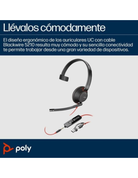 HP Poly Blackwire 5210 Auricular Monoaural con Microfono - Cancelacion de Ruido - Diadema Metalica Acolchada - Almohadillas de P