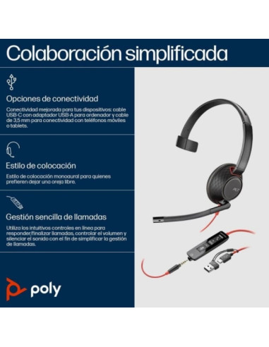 HP Poly Blackwire 5210 Auricular Monoaural con Microfono - Cancelacion de Ruido - Diadema Metalica Acolchada - Almohadillas de P
