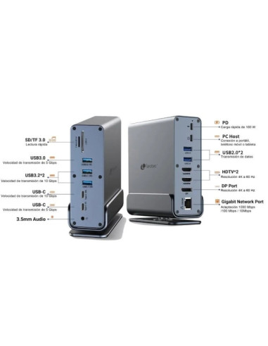 Leotec LEDS06 Docking Station USB C 15 en 1 - 2x HDMI 4K + DisplayPort - Power Delivery 100W - Ethernet Gigabit - 5x USB + USB C