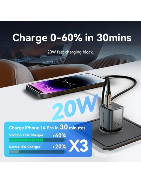 Cargador de Pared GaN Vention TZ-FEVH0-EU/ 1xUSB Tipo-C + Cable Lightning/ 20W