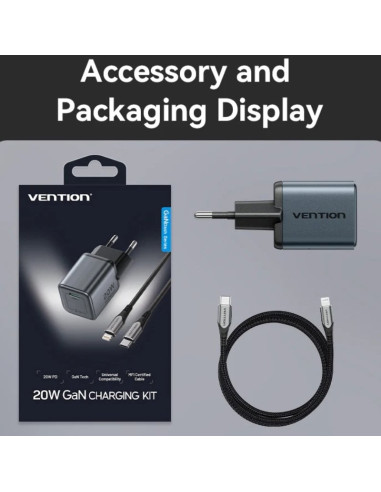 Cargador de Pared GaN Vention TZ-FEVH0-EU/ 1xUSB Tipo-C + Cable Lightning/ 20W