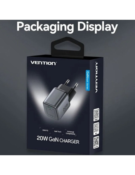 Cargador de Pared GaN Vention FEVH0-EU/ 1xUSB Tipo-C/ 20W