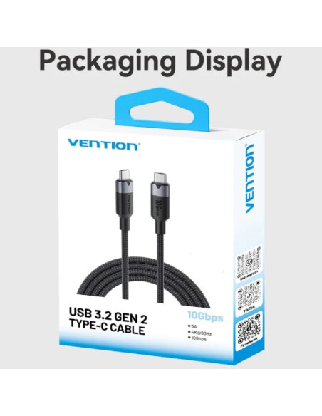 Cable USB 3.2 Tipo-C 5A Vention TRGWD/ USB Tipo-C Macho - USB Tipo-C Macho/ Hasta 100W/ 10Gbps/ 50cm/ Blanco