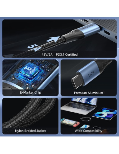Cable USB 2.0 Tipo-C 5A Vention TREBD/ USB Tipo-C Macho - USB Tipo-C Macho/ Hasta 240W/ 480Mbps/ 50cm/ Azul y Negro