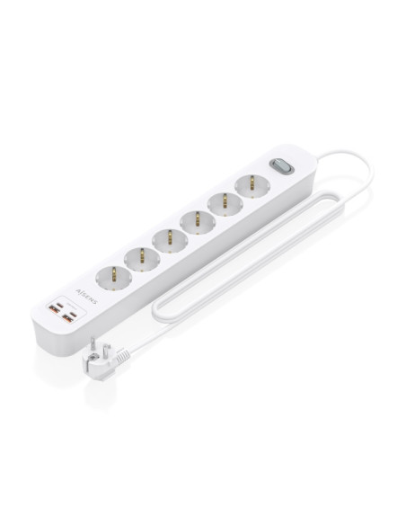 Aisens Regleta con 6 Tomas Schuko - 2xUSB-C - 2xUSB-A - Cable de 1.4m - Interruptor con Indicador LED - Power Delivery - Qualcom
