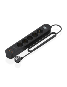 Aisens Regleta con 5 Tomas Schuko - 2xUSB-C - 2xUSB-A - Cable de 1.4m - Interruptor con Indicador LED - Power Delivery - Qualcom