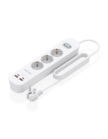 Aisens Regleta con 3 Tomas Schuko - 2xUSB-C - 2xUSB-A - Cable de 1.4m - Interruptor con Indicador LED - Power Delivery 3.0 - Qua
