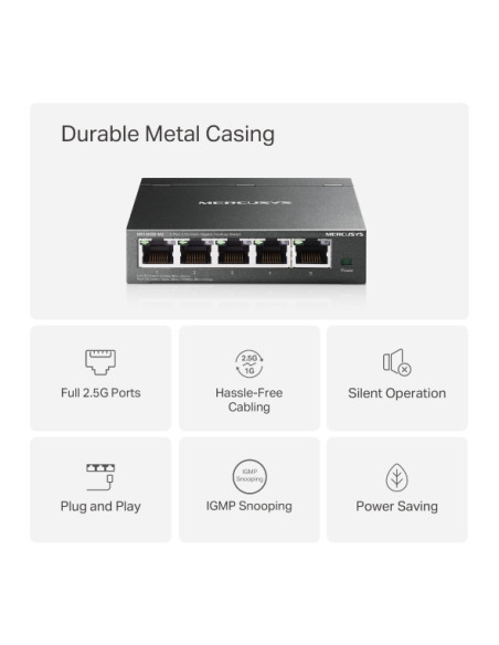 Mercusys MS105GS-M2 Switch 5 Puertos 2.5 Gigabit - Multi-Gigabit 10/100/1000/2500 - Auto-Negociacion - Color Negro