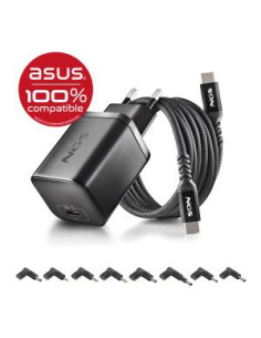 NGS BUD65W-AS Cargador GaN 65W para Portatiles ASUS - USB C Power Delivery y PPS - 8 Conectores DC Incluidos - Cable USB C 1.5 m