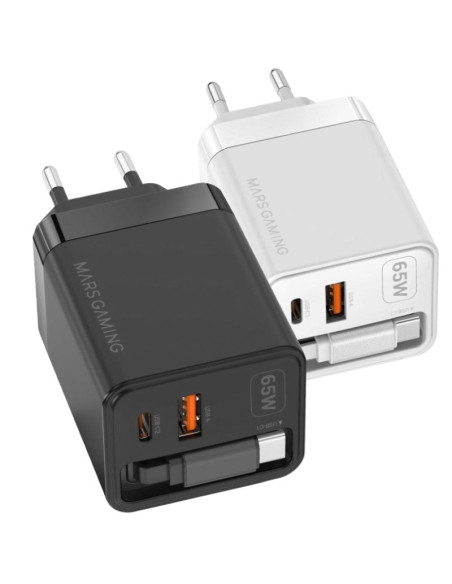 Cargador de Pared GaN Mars Gaming MD-GAN65R/ 1xUSB Tipo-C/ 1xUSB/ 65W/ Negro