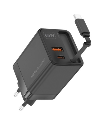Cargador de Pared GaN Mars Gaming MD-GAN65R/ 1xUSB Tipo-C/ 1xUSB/ 65W/ Negro