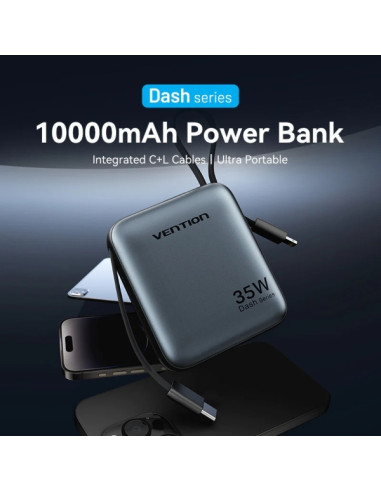 Vention Mini Powerbank de 10000mAh - Potencia de Salida hasta 35W - Cable USB-C y Lightning Integrado - Pantalla Digital - Color