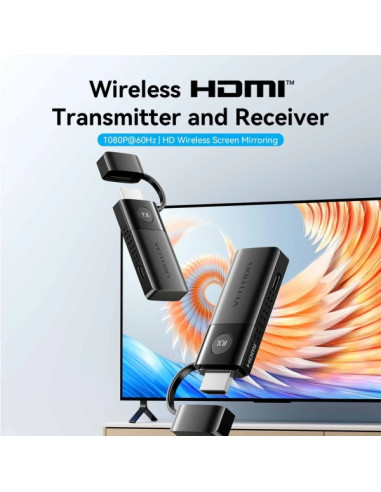 Vention Transmisor y Receptor HDMI Inalambrico - Resolucion Full HD - Alcance hasta 50m - 2 Cables USB a USB-C de 0.5m Incluidos