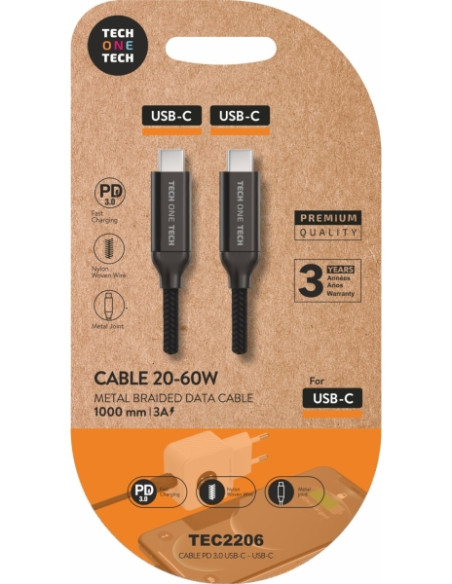 TechOneTech Cable USB-C Macho a USB-C Macho 1m - Recubierto de Nylon Trenzado Negro