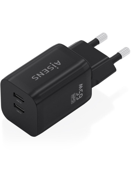 Cargador de Pared GaN Aisens A110-1030/ 2xUSB Tipo-C/ 65W/ Negro