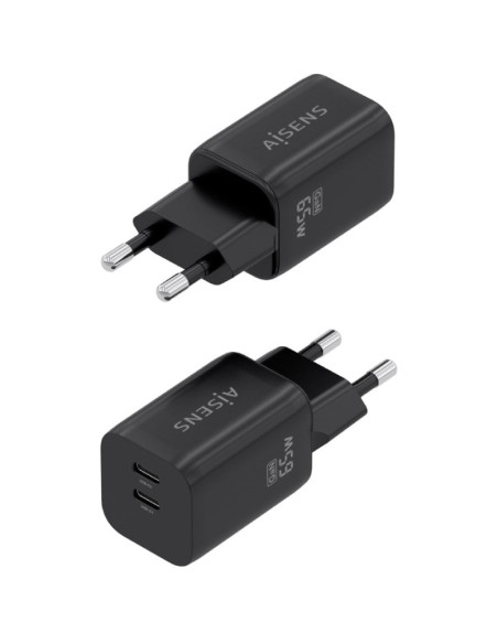 Cargador de Pared GaN Aisens A110-1030/ 2xUSB Tipo-C/ 65W/ Negro