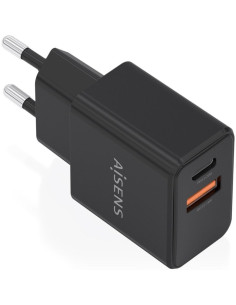 Cargador de Pared GaN Aisens A110-1026/ 1xUSB Tipo-C/ 1xUSB/ 20W/ Negro