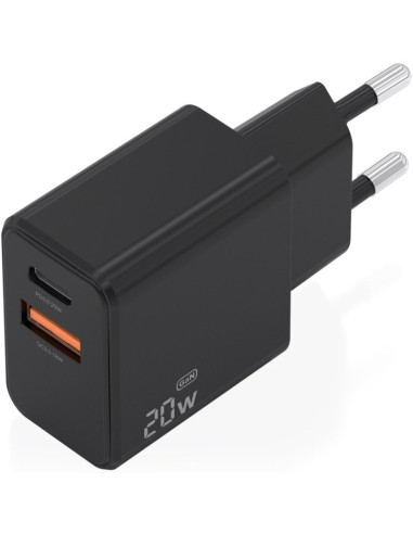 Cargador de Pared GaN Aisens A110-1026/ 1xUSB Tipo-C/ 1xUSB/ 20W/ Negro