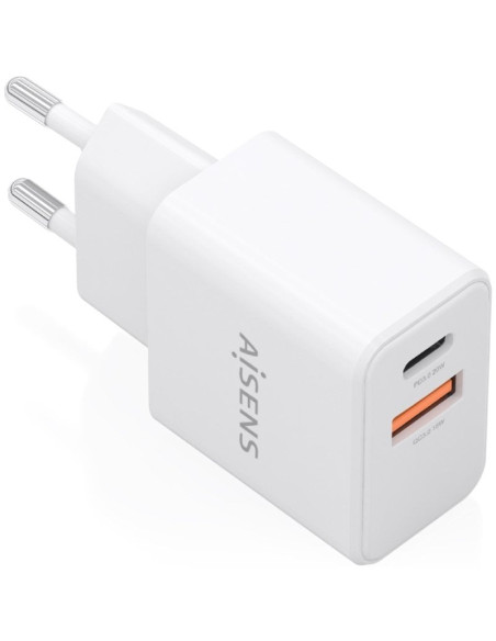 Cargador de Pared GaN Aisens A110-1025/ 1xUSB Tipo-C/ 1xUSB/ 20W/ Blanco