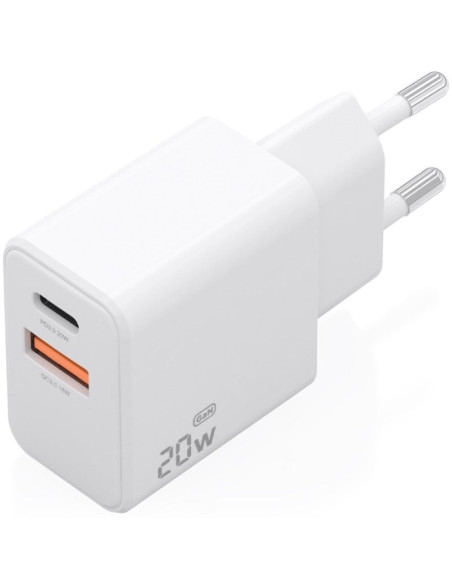 Cargador de Pared GaN Aisens A110-1025/ 1xUSB Tipo-C/ 1xUSB/ 20W/ Blanco
