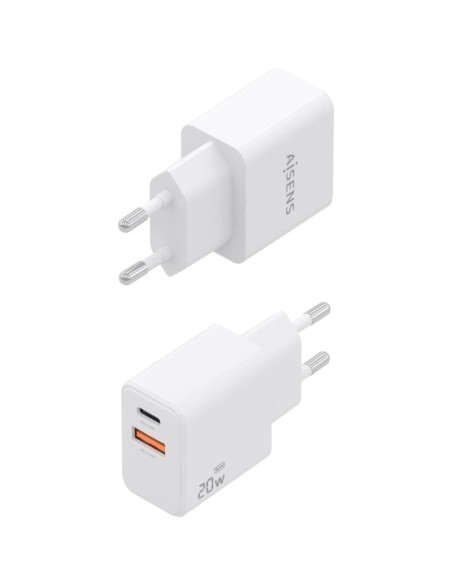 Cargador de Pared GaN Aisens A110-1025/ 1xUSB Tipo-C/ 1xUSB/ 20W/ Blanco