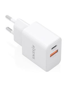 Aisens Cargador Gan 20W - 1xUSB-C PD3.0 - 1xUSB-A QC3.0 - Color Blanco