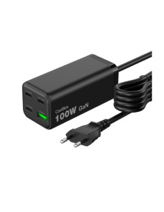 CoolBox Cargador GAN 100W Chargemaster 4 PRO - 3xUSB-C - 1xUSB-A - Carga Rapida 3.0- Power Delivery - Cable 1.5 Metros - Color N
